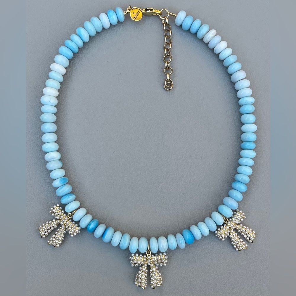 Robins Egg Opal Necklace w Pearl Pavé Bows Gold Clasp & extender